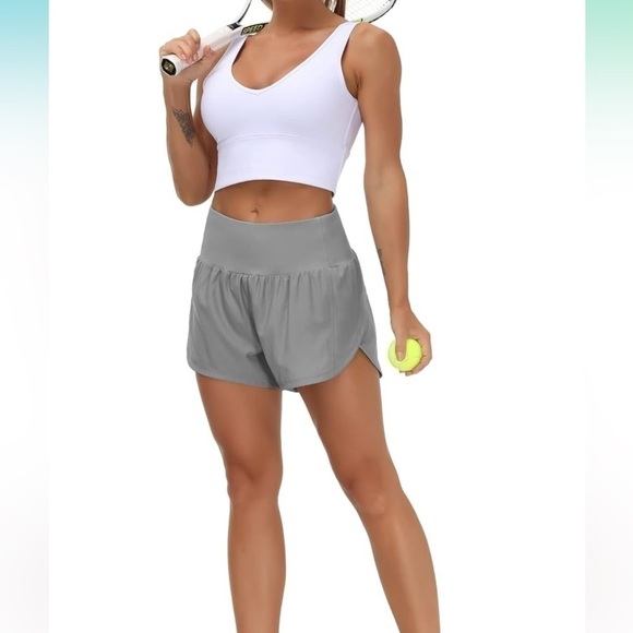 The Gym People Womens High Waisted Running Shorts with Mesh Liner Lavender Grey - Picture 1 of 16